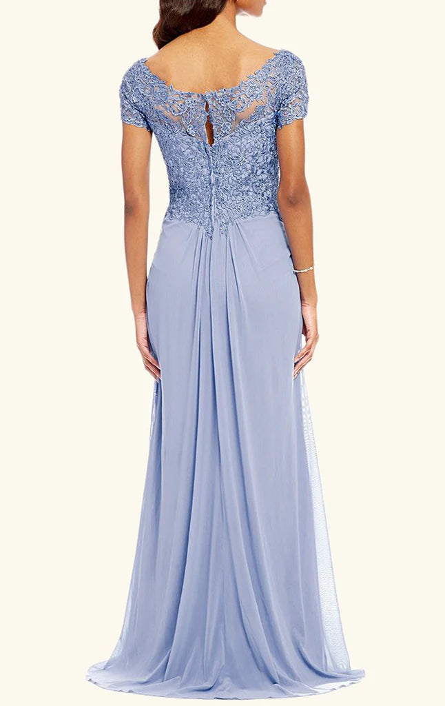 Sleeveless ankle-length formal gown with lace details.