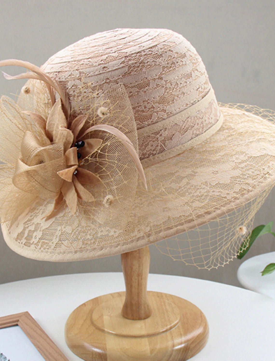 Close-up of the intricate lace and feather details on the hat.