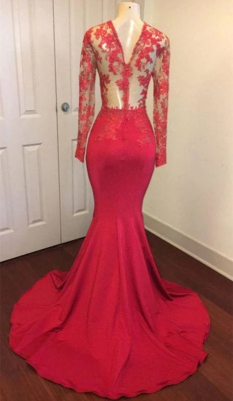 Back view of the elegant dark lace mermaid long sleeve prom dress.