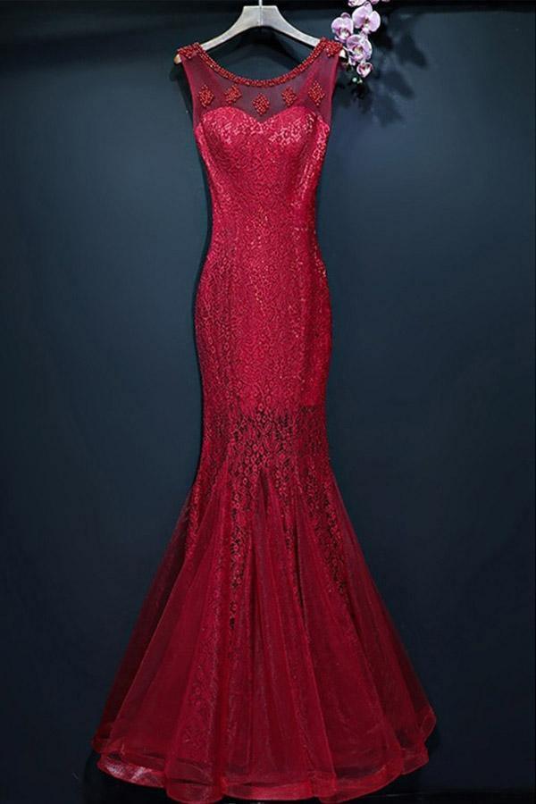 Elegant lace mermaid sleeveless long formal prom dress.