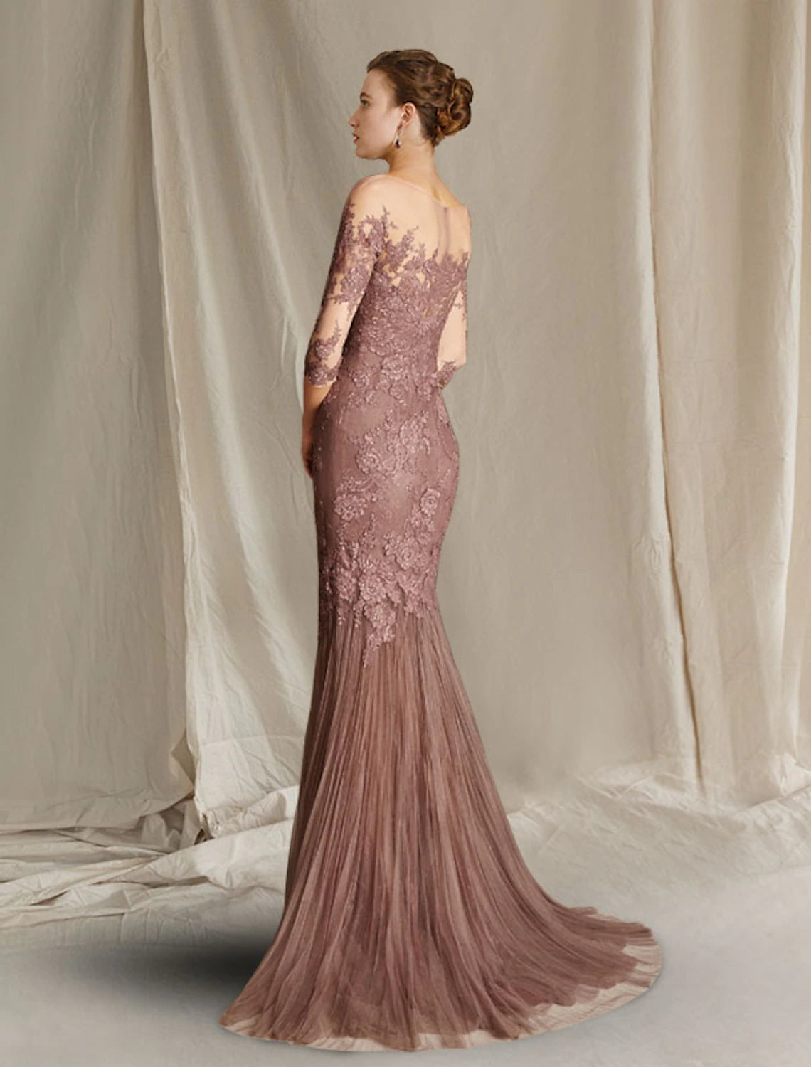 Full length view of the Mermaid Trumpet Mother of the Bride dress, showcasing the sweep train.