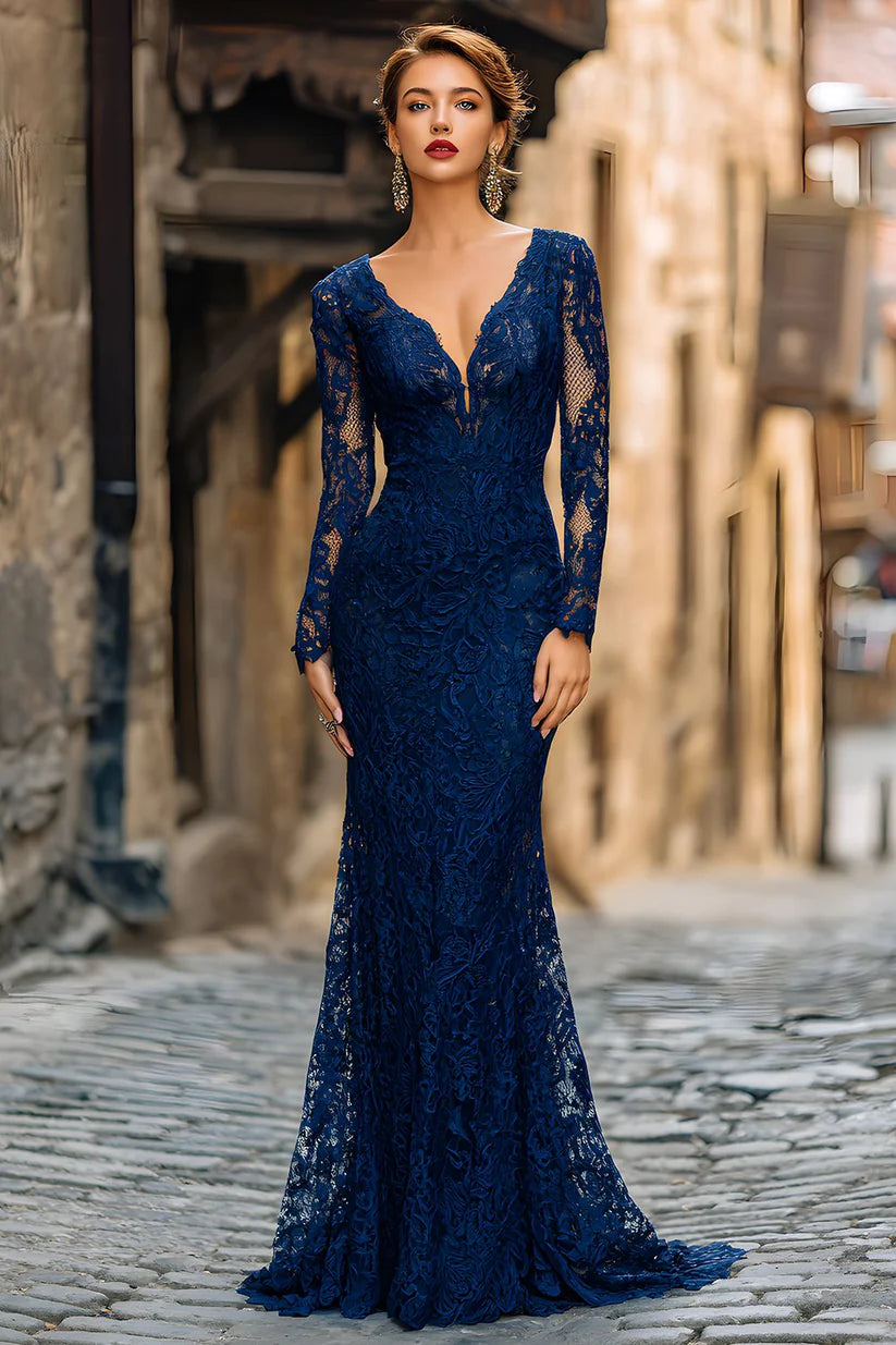 Elegant navy lace mermaid prom dress with V-neckline.