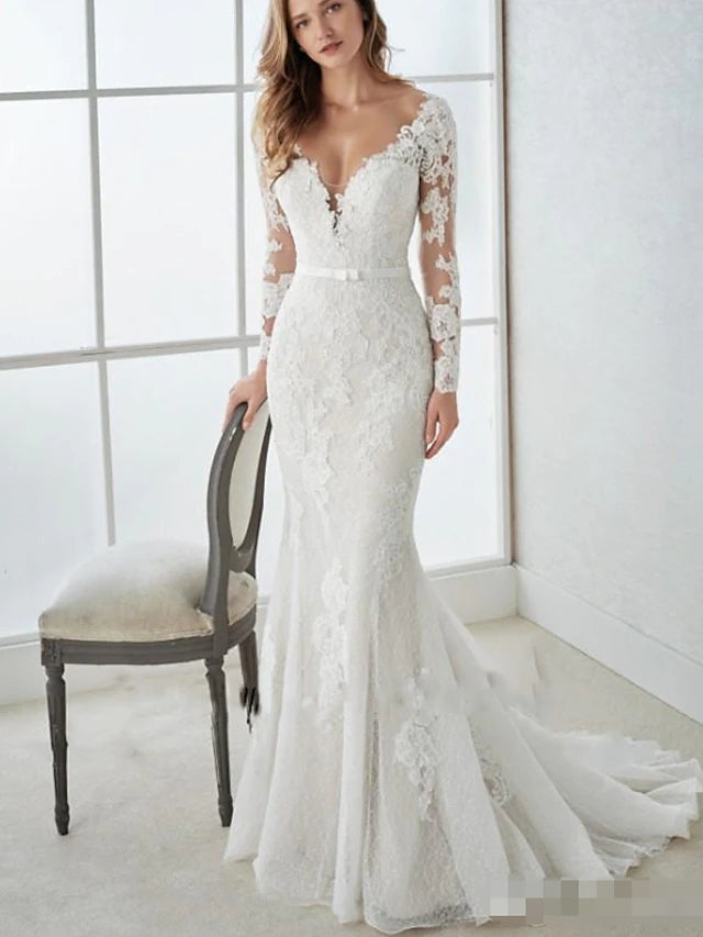 Elegant lace mermaid wedding dress with long sleeves and V-neckline.