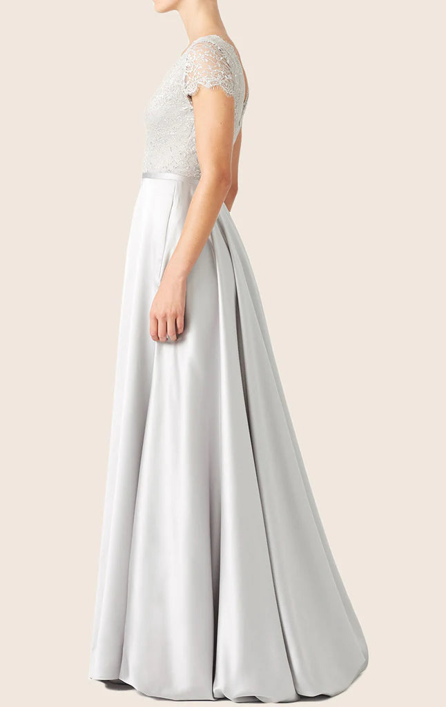 Back view of the elegant lace satin maxi gown with a train.