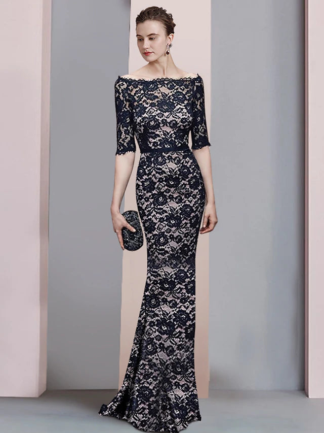 Elegant lace sheath mother of the bride gown with off-shoulder neckline and 3/4 sleeves.