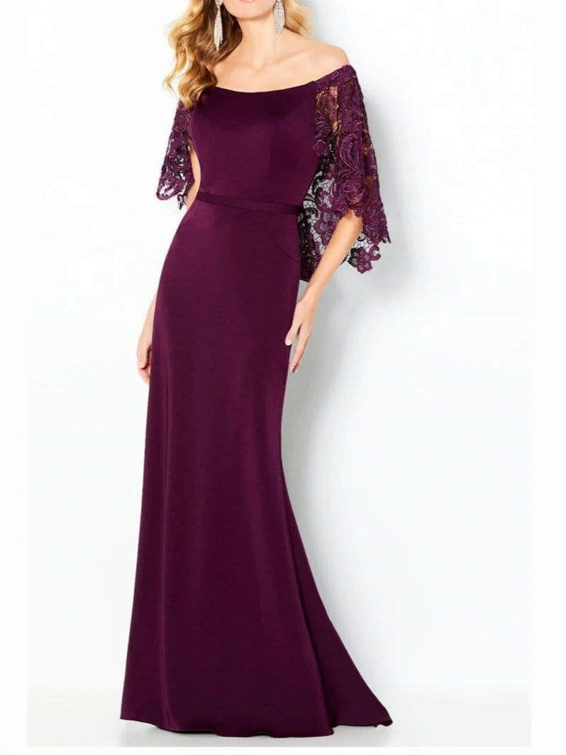 Elegant lace sheath off-shoulder maxi dress.