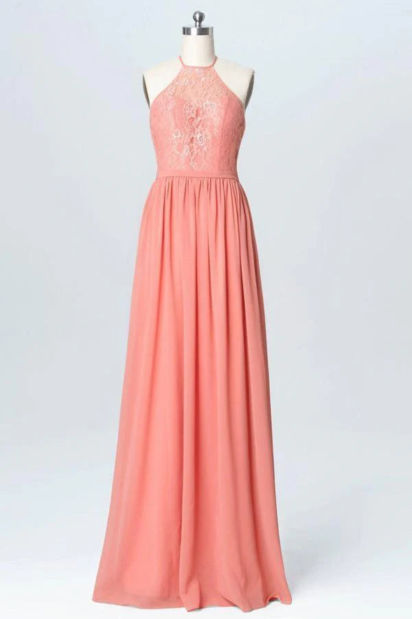 Elegant peach chiffon maxi bridesmaid dress with a lace V-neck bodice.
