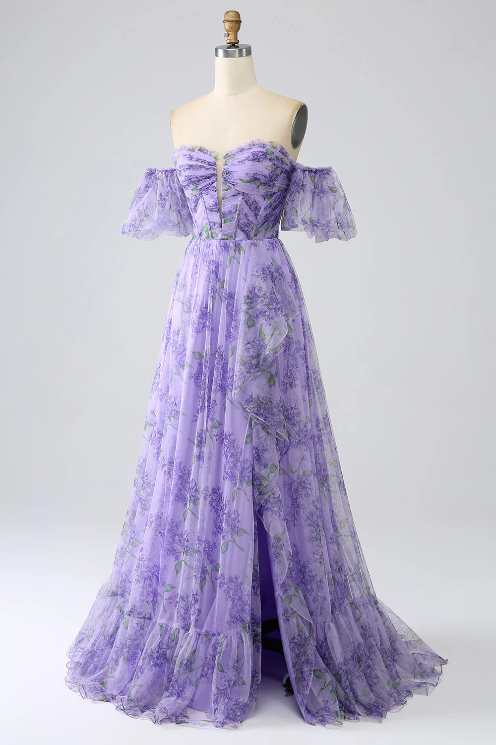 Close-up of delicate printed fabric on lavender prom dress.