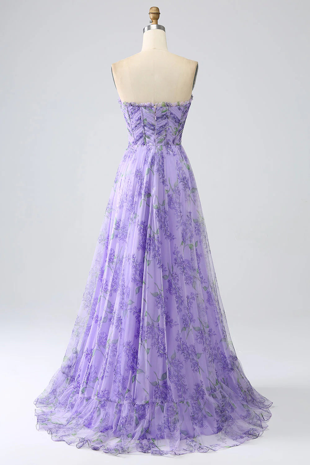 Full length view of lavender off-shoulder formal dress.