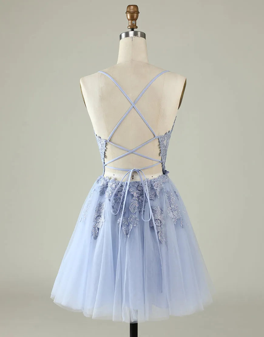 Back view of lavender short homecoming dress showing corset lacing.