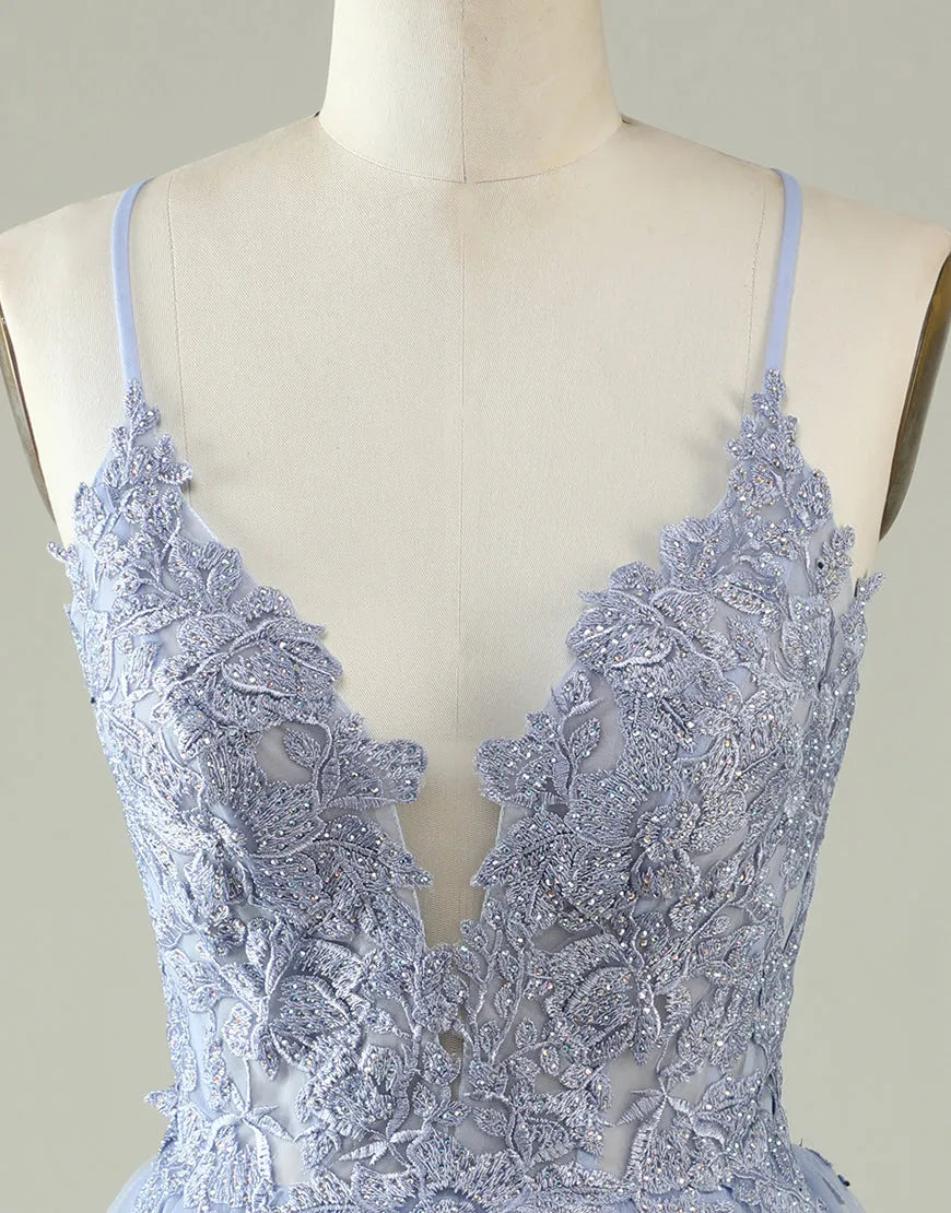 Close-up of appliques on lavender short homecoming dress.