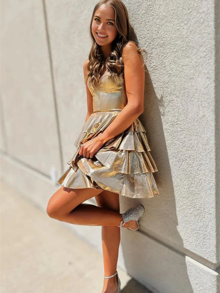 Elegant short strapless satin dress with layered skirt, ideal for formal evening events.