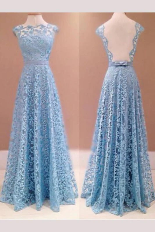 Elegant light blue A-line lace prom dress.