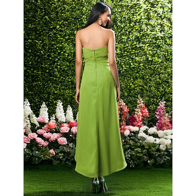 Rear view of strapless chiffon bridesmaid dress.
