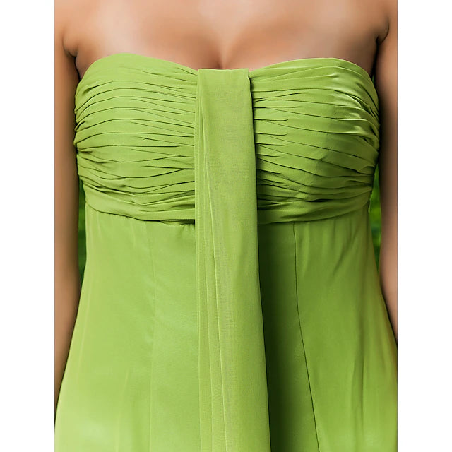Side view of asymmetrical tea-length bridesmaid dress.