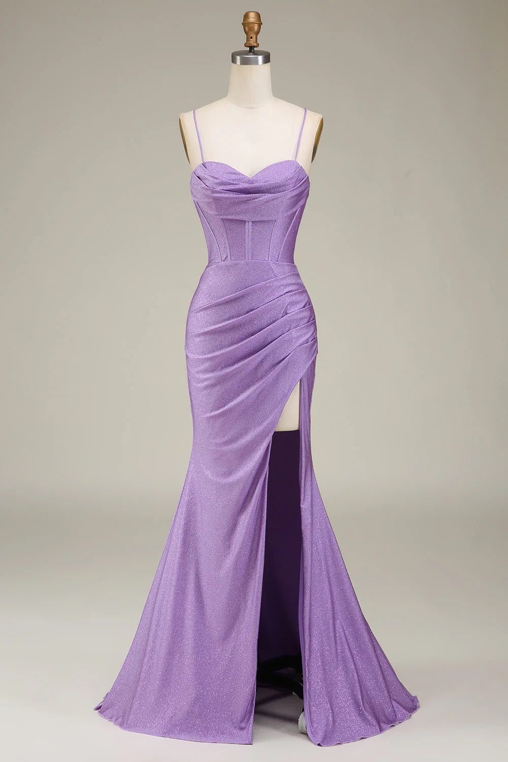 Lilac A-line prom dress with sweetheart corset bodice and spaghetti straps.