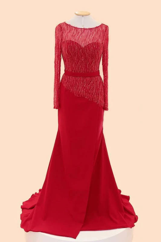 Elegant long beaded sleeve maxi prom dress.