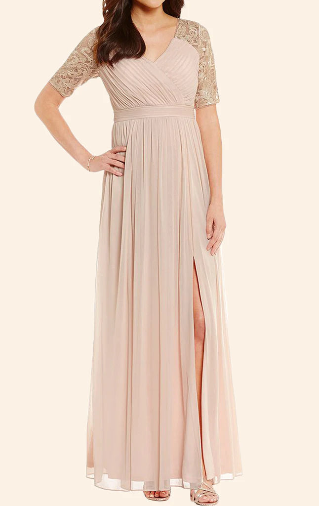 Back view of a woman in a long lace and chiffon Mother of the Bride dress.