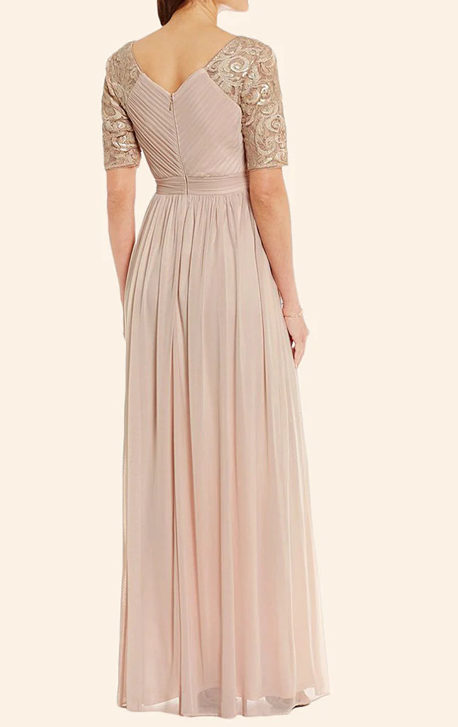 Close-up of the lace bodice and short sleeves of the Mother of the Bride dress.