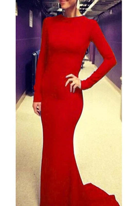 Elegant long sleeve backless prom dress, front view.