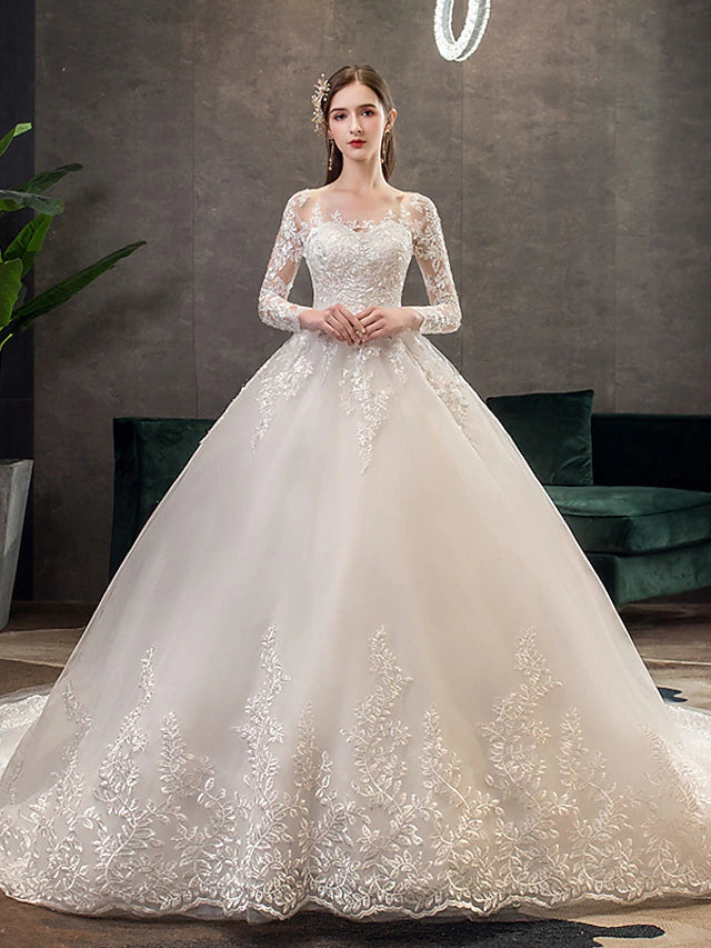 Front view of the elegant long sleeve wedding dress.