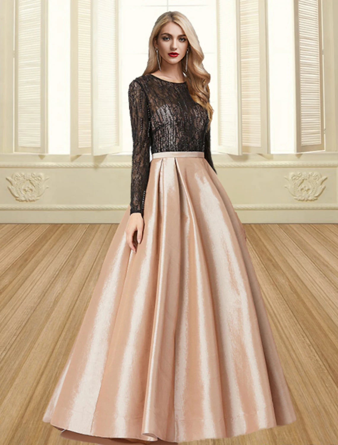 Elegant color block satin ball gown with long sleeves and jewel neck.