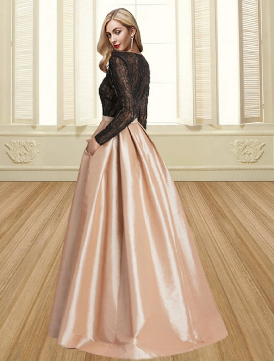 Side view of the floor-length color block formal evening dress.