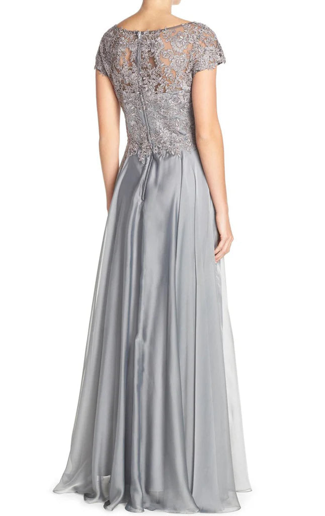 Sophisticated ankle-length lace chiffon formal gown.