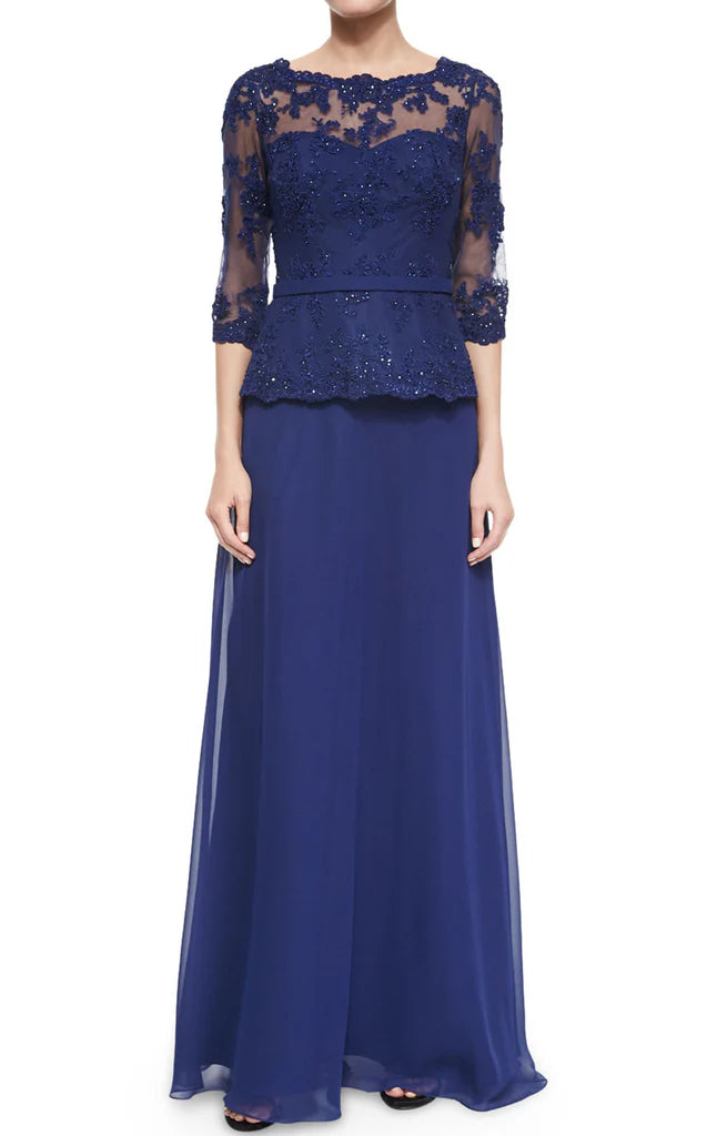 Elegant long sleeve lace and chiffon evening gown.