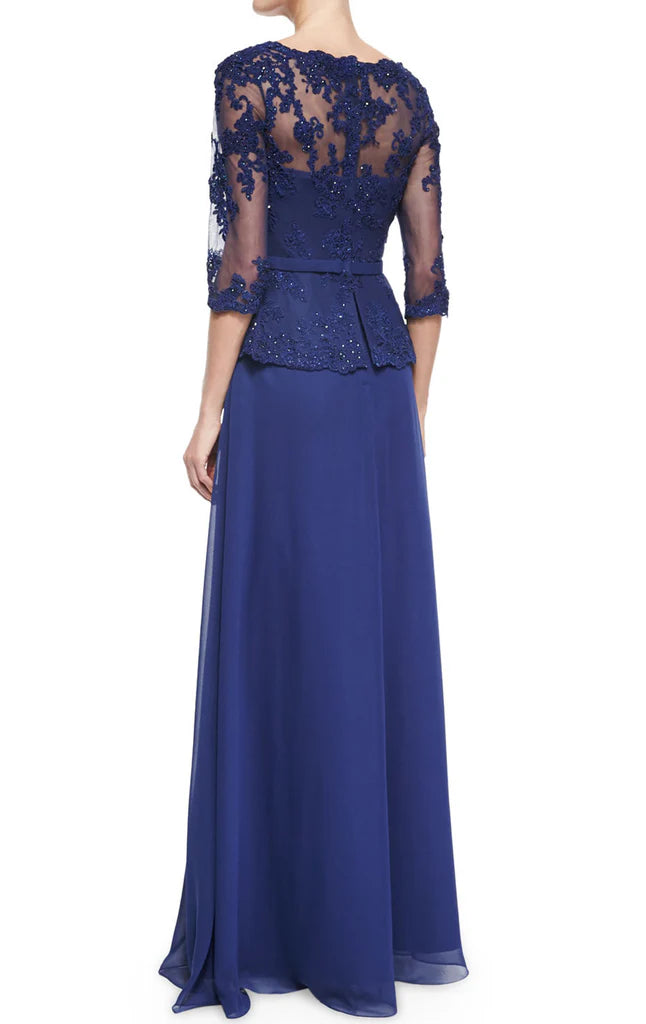 Mother of the bride dress with long lace sleeves.