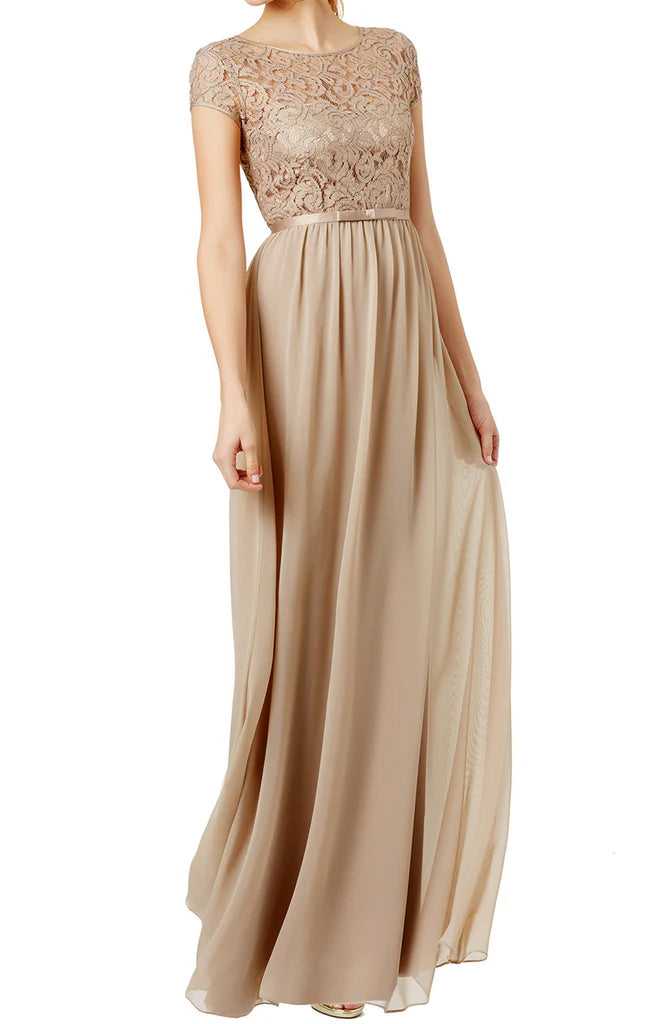 Elegant long sleeve lace chiffon Mother of the Bride dress, front view.