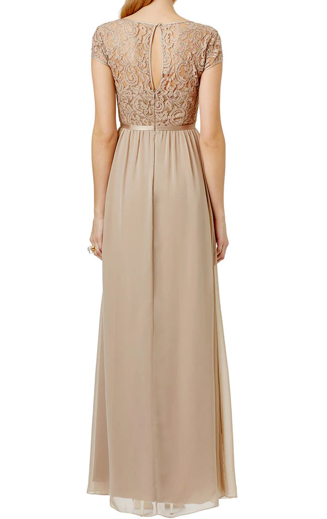 Close-up of lace and chiffon details on the Mother of the Bride dress.