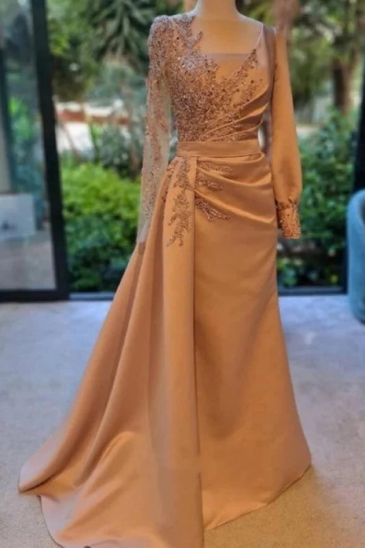 Elegant long sleeve satin maxi prom gown with a side sweep train.