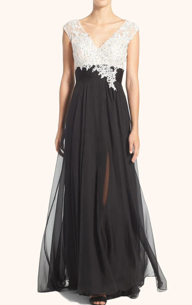 Elegant long sleeve V-neck lace chiffon Mother of the Bride dress, front view.