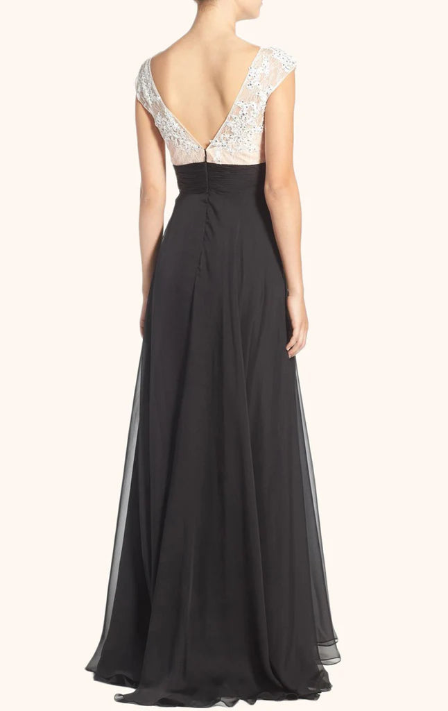 Side view of the long sleeve V-neck lace chiffon Mother of the Bride dress.