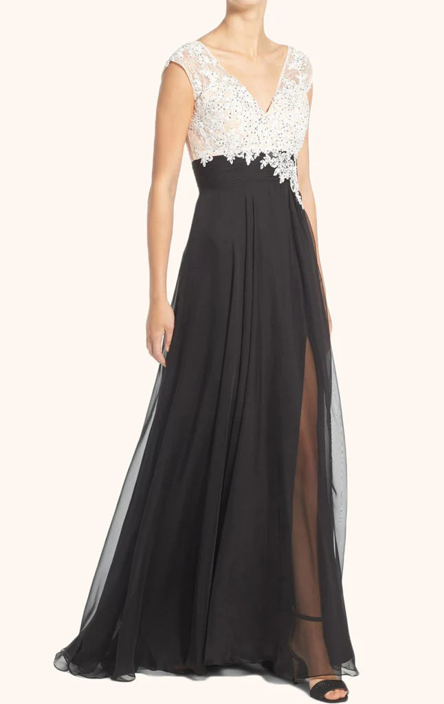 Close-up of the lace and chiffon details on the Mother of the Bride dress.