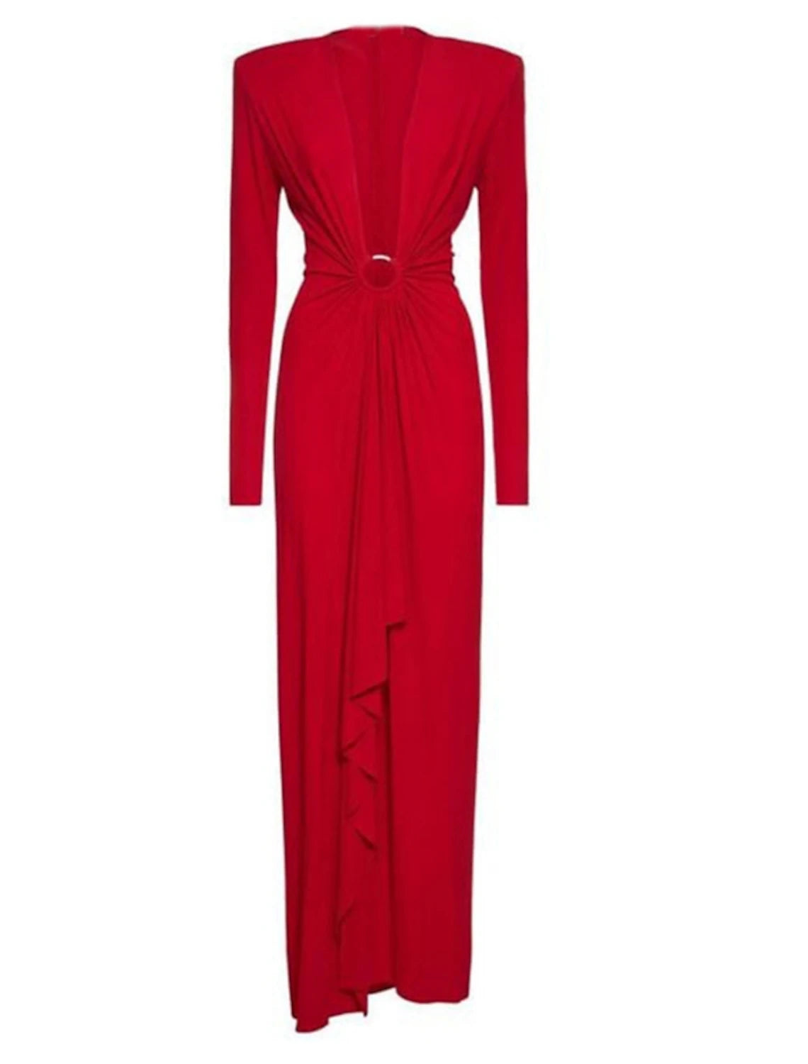 Elegant long sleeve V-neck sheath evening gown in red.