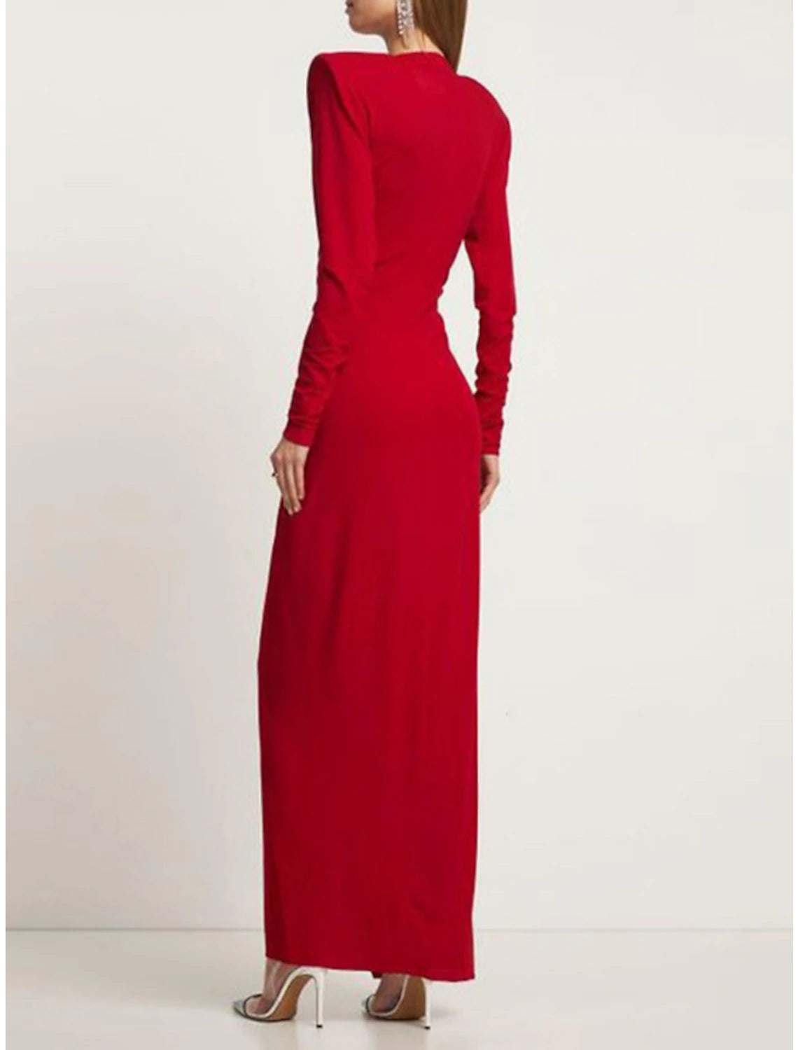 Formal ankle-length column dress in green with a V-neck.