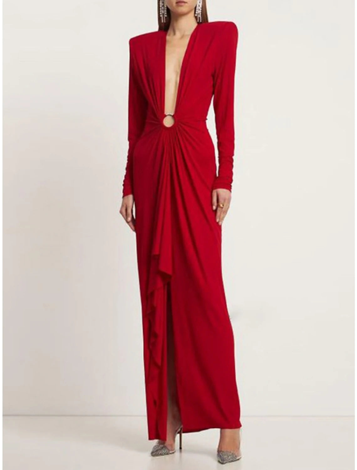 Red stretch chiffon evening gown featuring pleats and a slit.