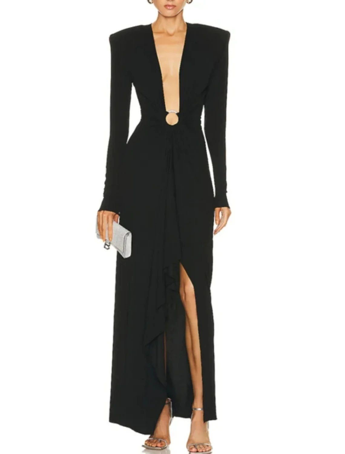 Green formal dress with long sleeves and a flattering sheath silhouette.
