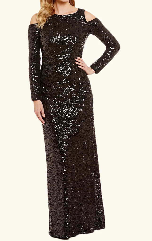 Elegant long sleeves sequin formal evening gown.