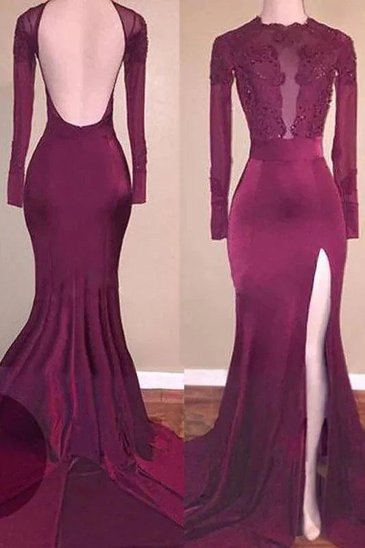 Elegant mermaid prom dress with applique details, a backless design, and a high leg slit.