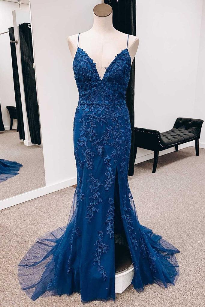 Elegant mermaid prom dress with appliques and a front slit.