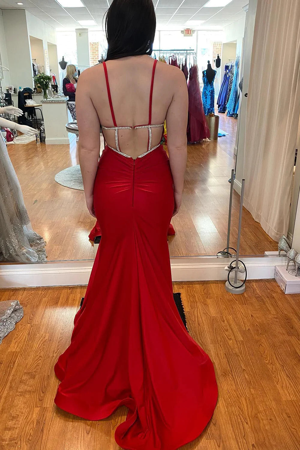 Full view of the sleeveless mermaid satin dress, perfect for formal occasions.