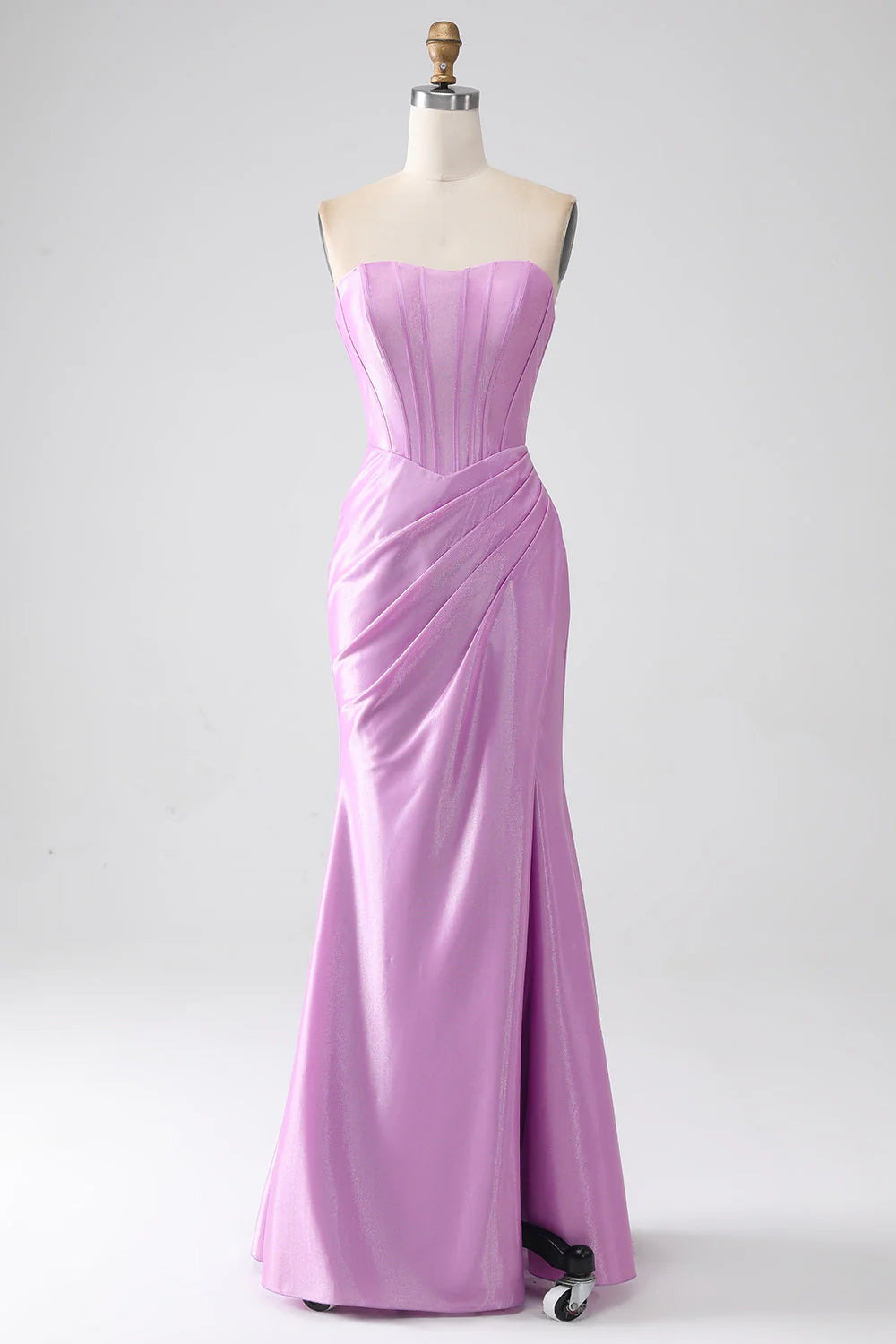 Elegant purple mermaid prom dress with a corset bodice and pleated skirt, front view.