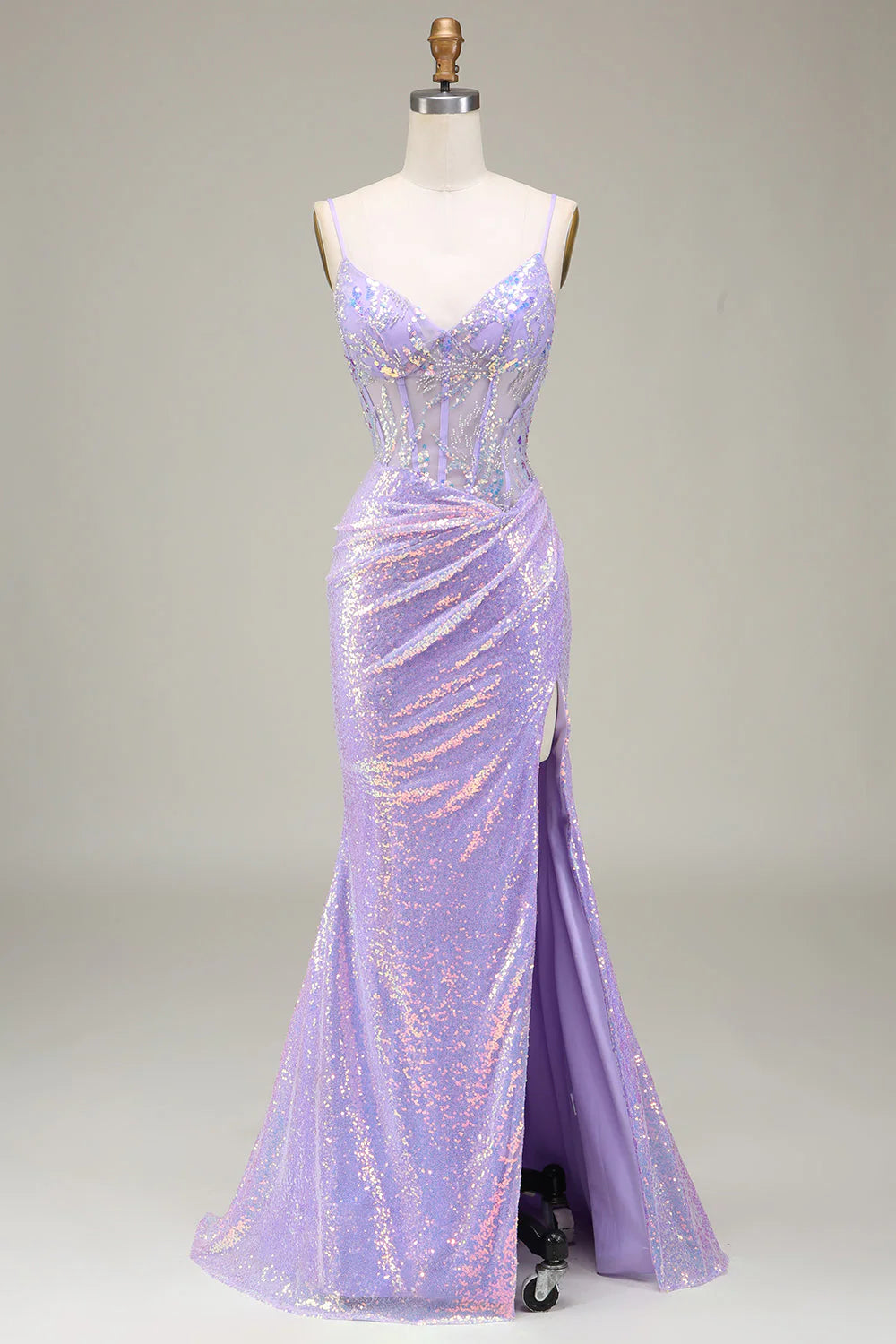Light purple mermaid corset prom dress with a slit, front view.