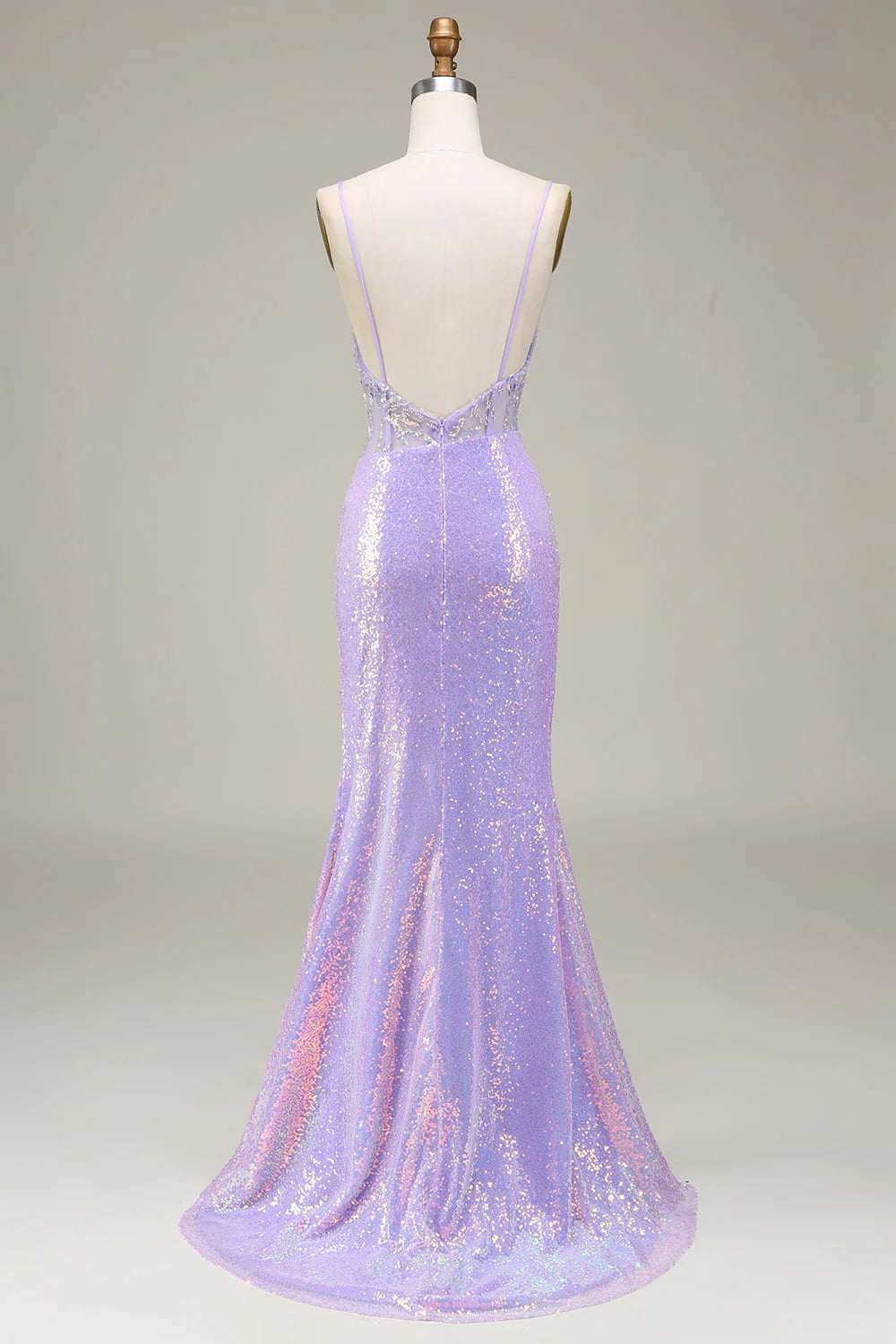 Back view of a light purple mermaid corset prom dress, showing the elegant train.