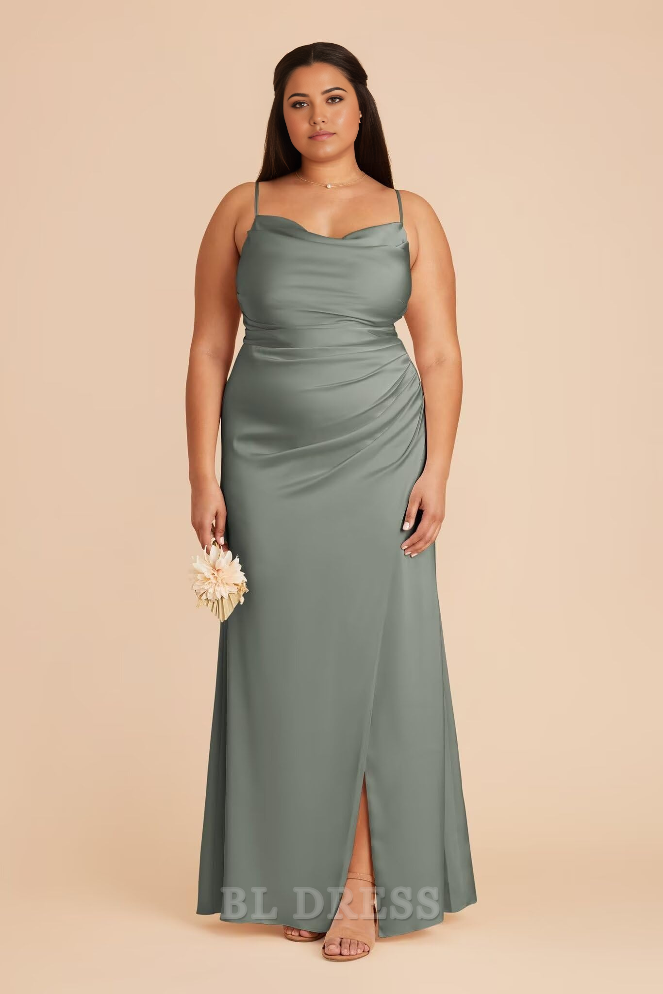 Side view of the mermaid bridesmaid dress, highlighting the cowl neckline and leg slit.