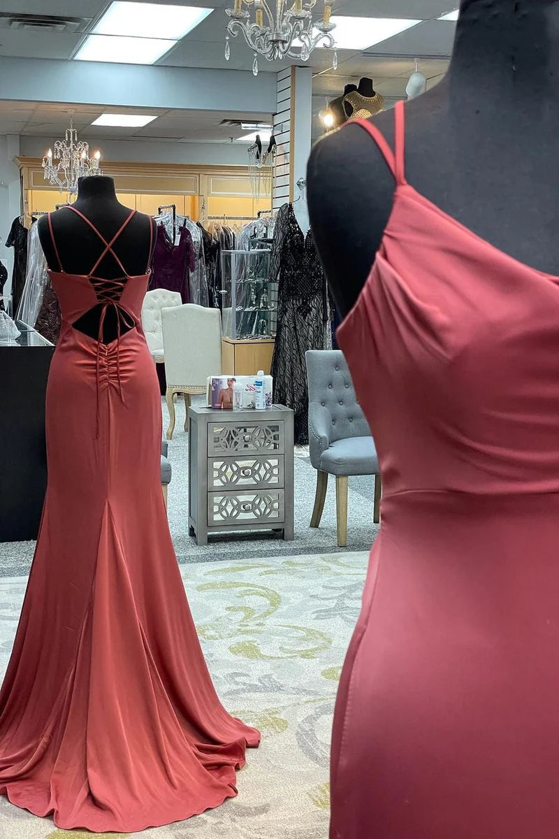 Elegant mermaid long prom dress with cowl neck and delicate straps.