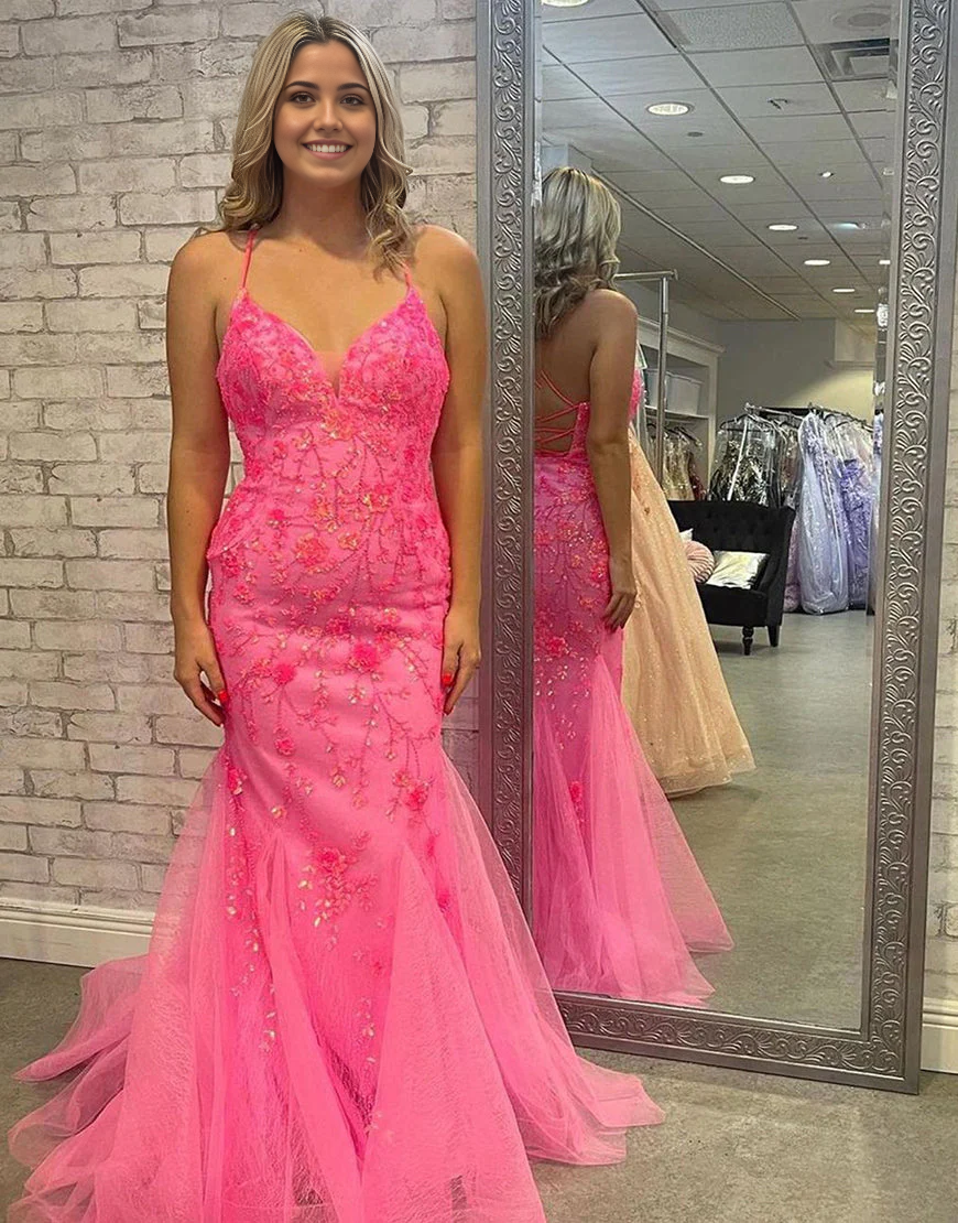 Elegant mermaid deep V-neck satin prom dress with cross back and high split.